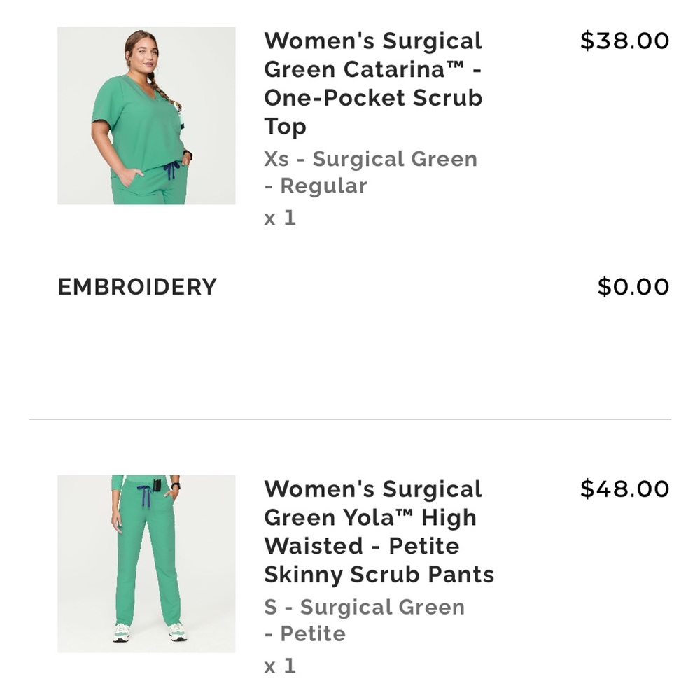 Figs XS catarina and S/P yola with original waistband in surgical green
